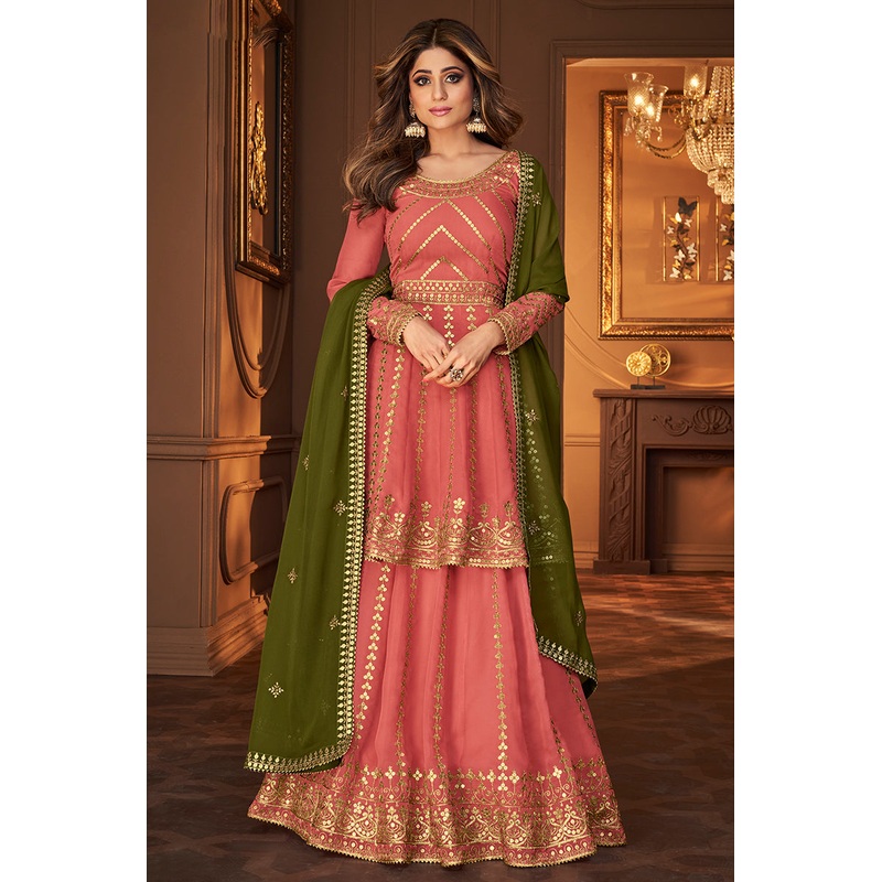 Peachy Pink Skirt Style Embroidered Georgette Lehenga Suit
