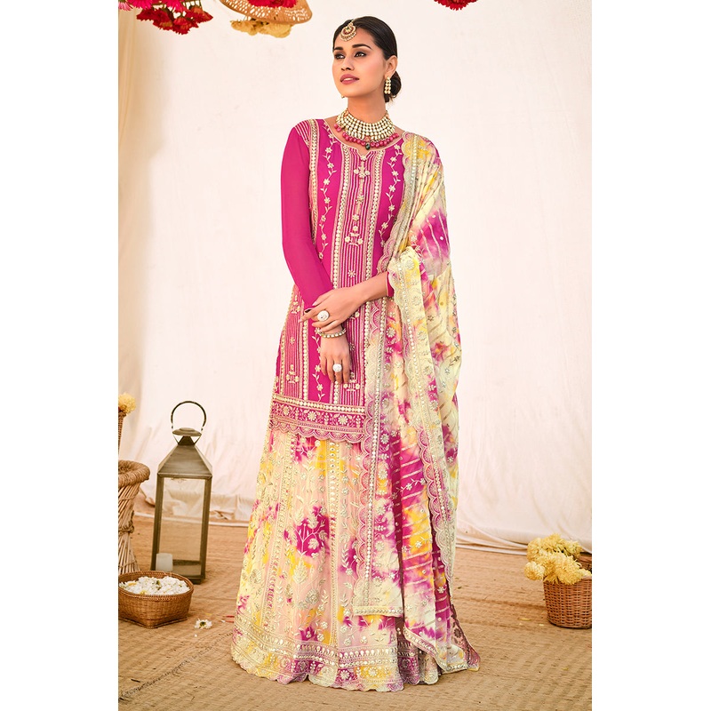 Pink Digital Print Embroidered Kurti Style Lehenga