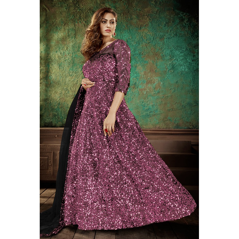 Pinkish Purple Party Wear Sequins Net Anarkali Gown