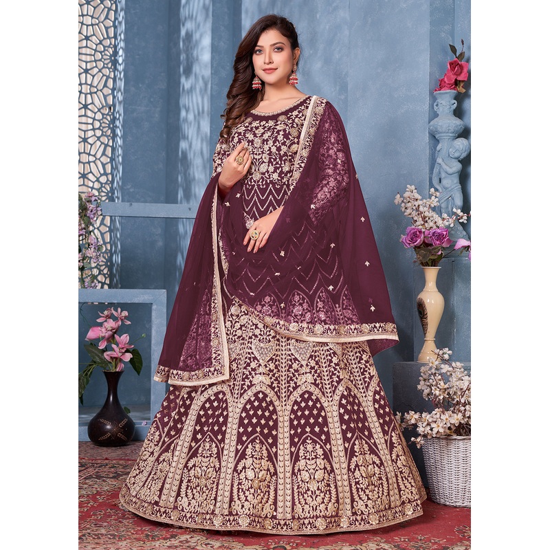 Plum Purple Net Abaya Style Heavy Embroidered Anarkali Suit