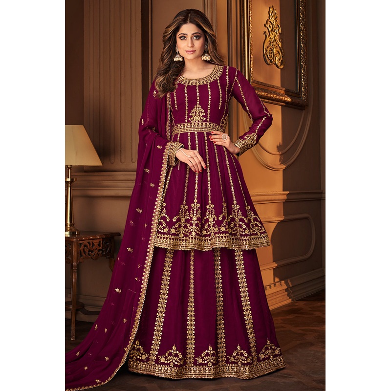 Plum Purple Skirt Style Embroidered Georgette Lehenga Suit