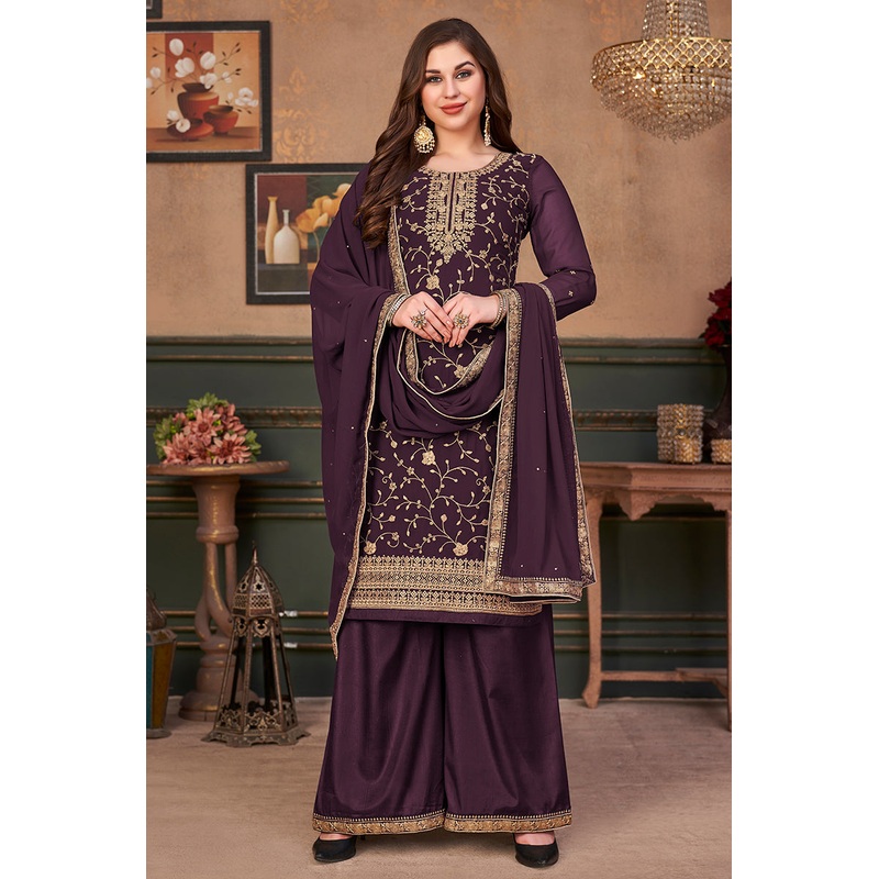 Plum Purple Straight Cut Festive Embroidered Palazzo Suit