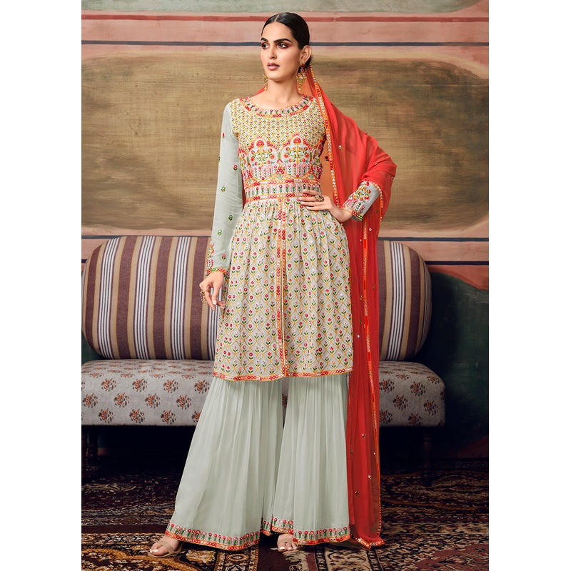 Powder Blue Designer Gharara Style Festive Sharara Suit