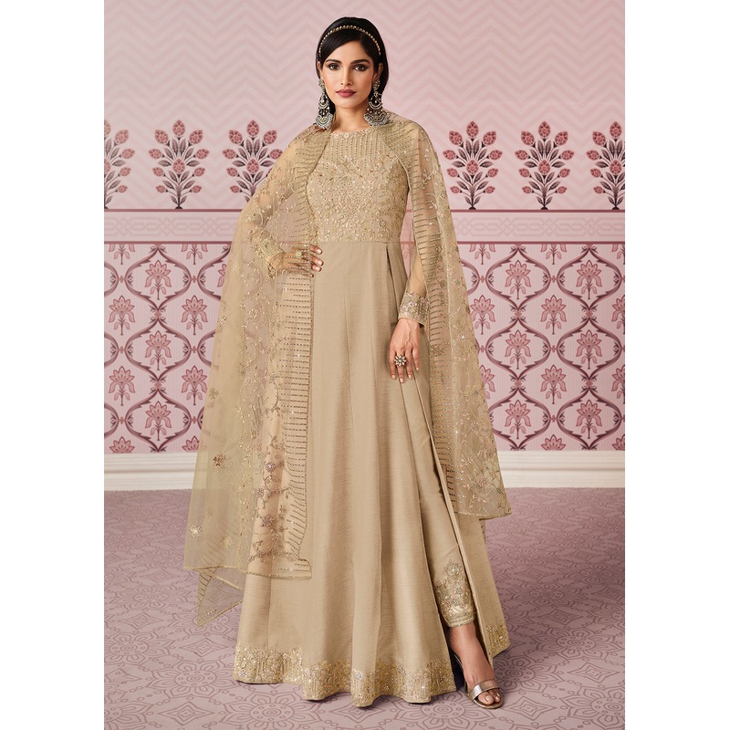 Pretty Beige Art Silk Fabric Indian Embroidered Anarkali Suit