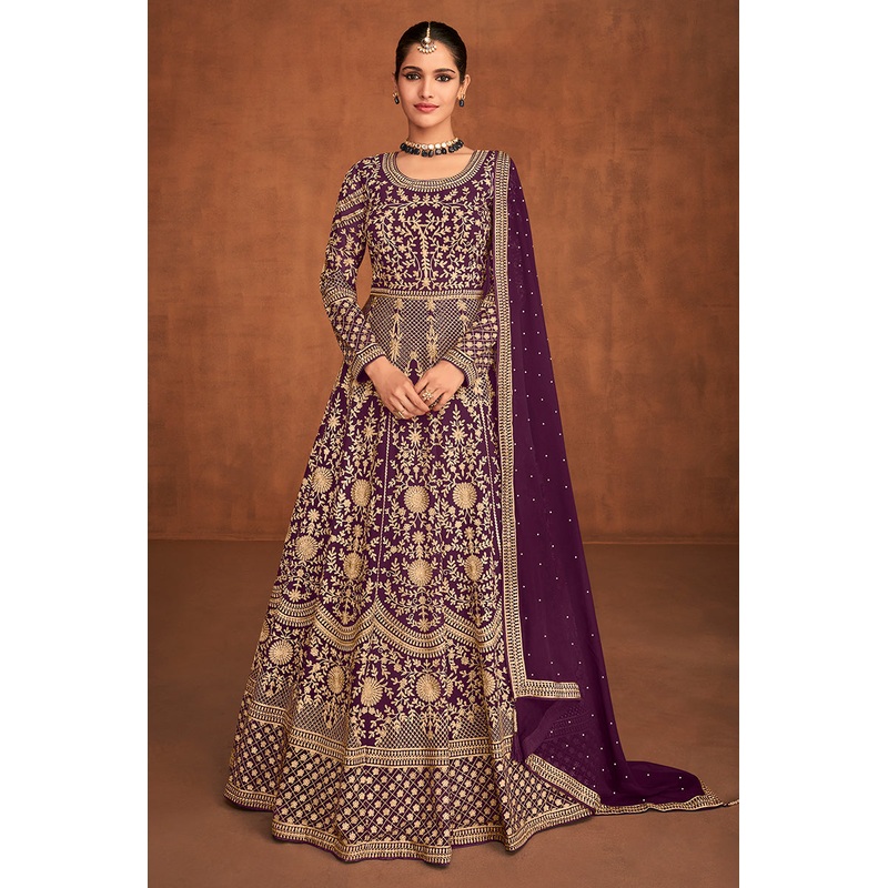 Purple Gown Style All Over Embroidered Anarkali Suit