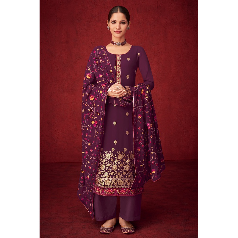 Purple Sequins & Thread Embroidered Georgette Salwar Suit