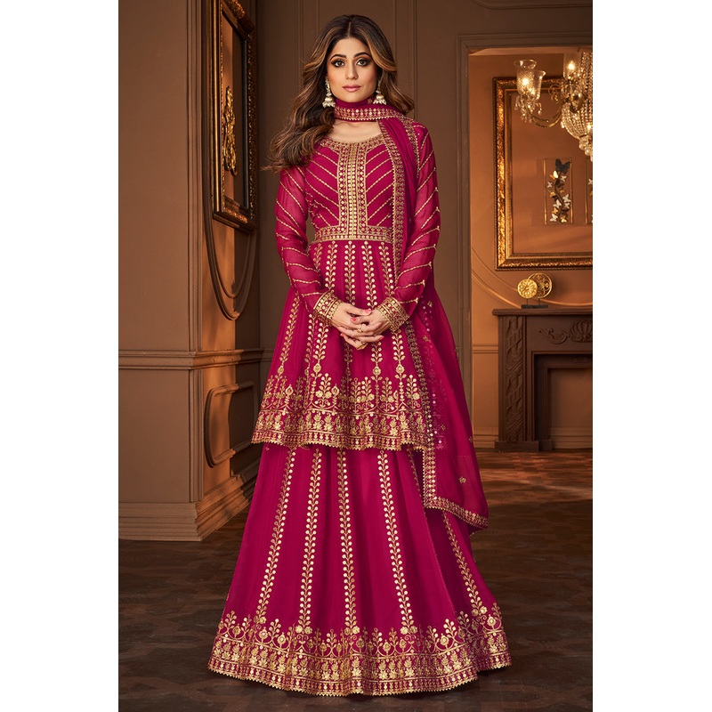Rani Pink Skirt Style Embroidered Georgette Lehenga Suit