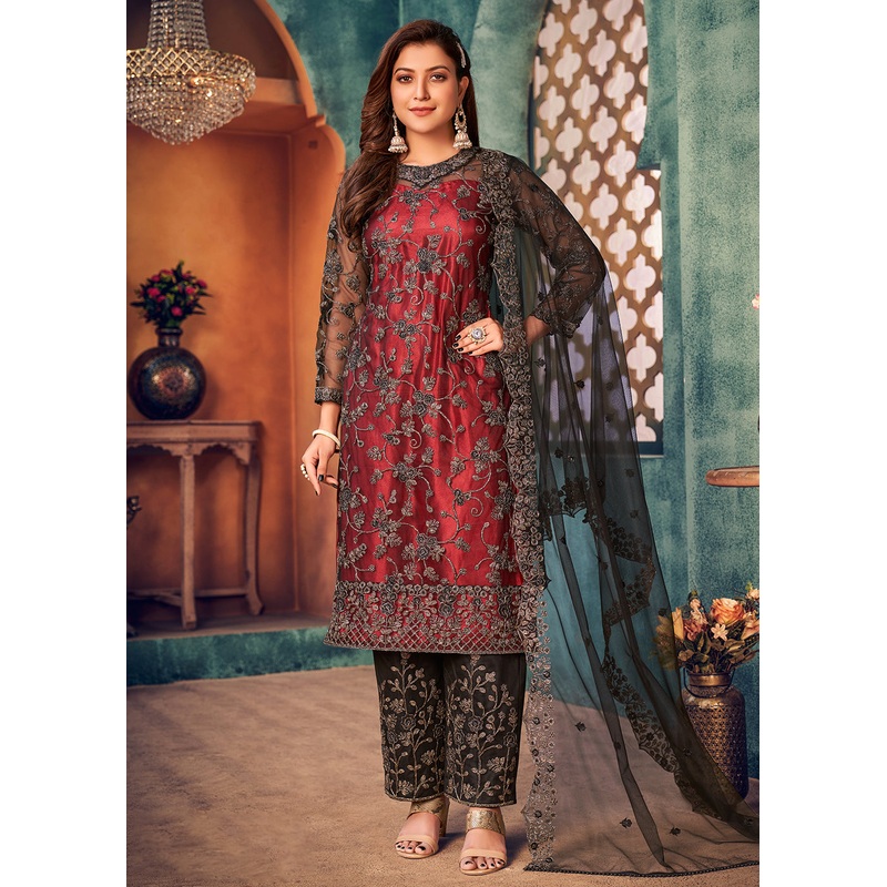 Red Black Layered Festive Pant Style Salwar Suit