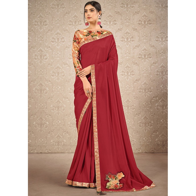 Red & Rose Gold Digital Print Satin Silk Saree