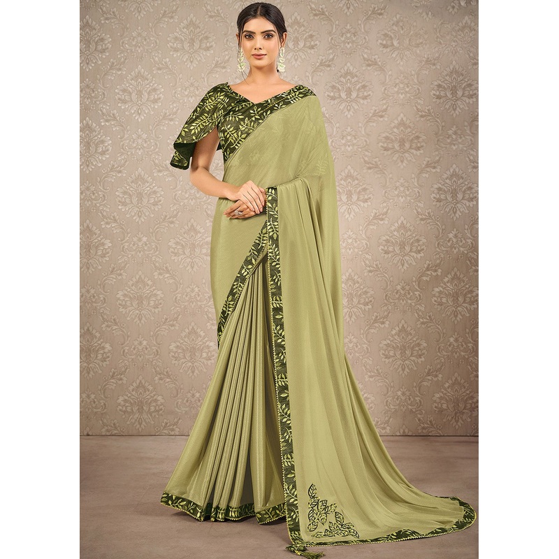 Sage Green Digital Print Silk Georgette Designer Saree