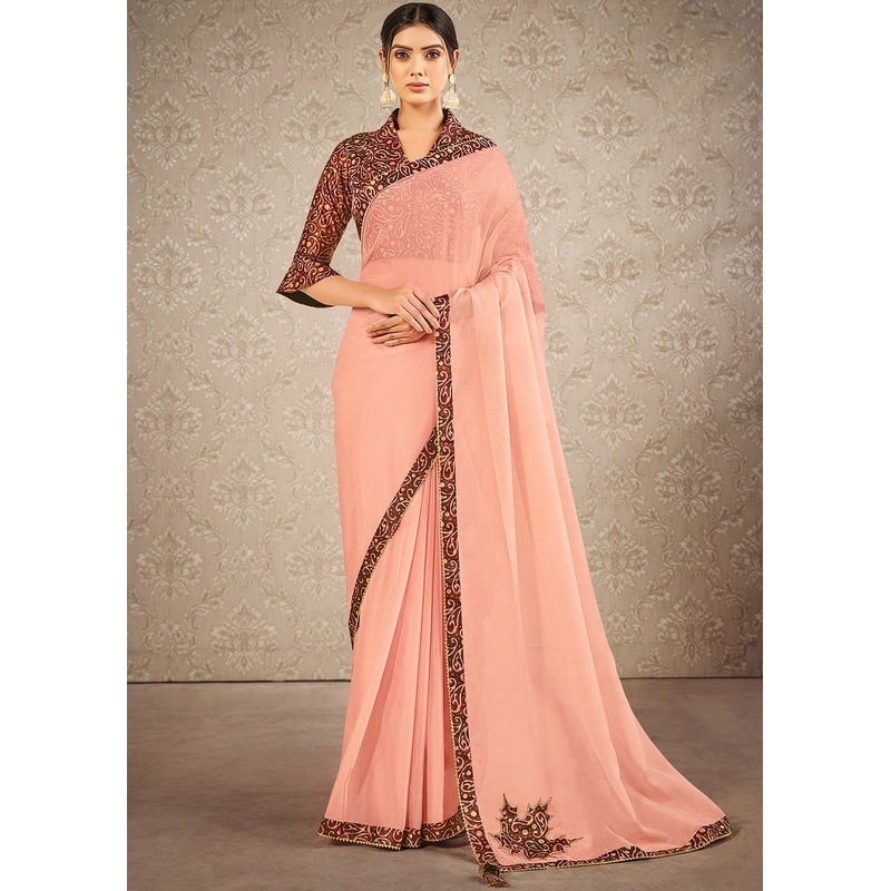 Salmon Peach Digital Print Tissue Silk Designer Saree
