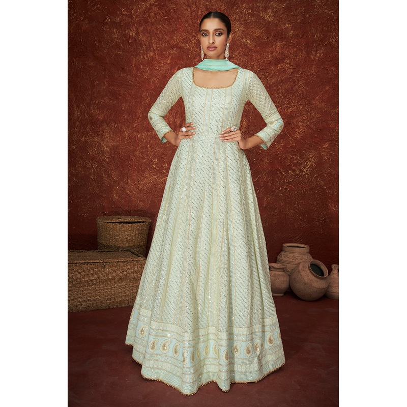 Sea Blue Georgette Long Embroidered Anarkali Suit