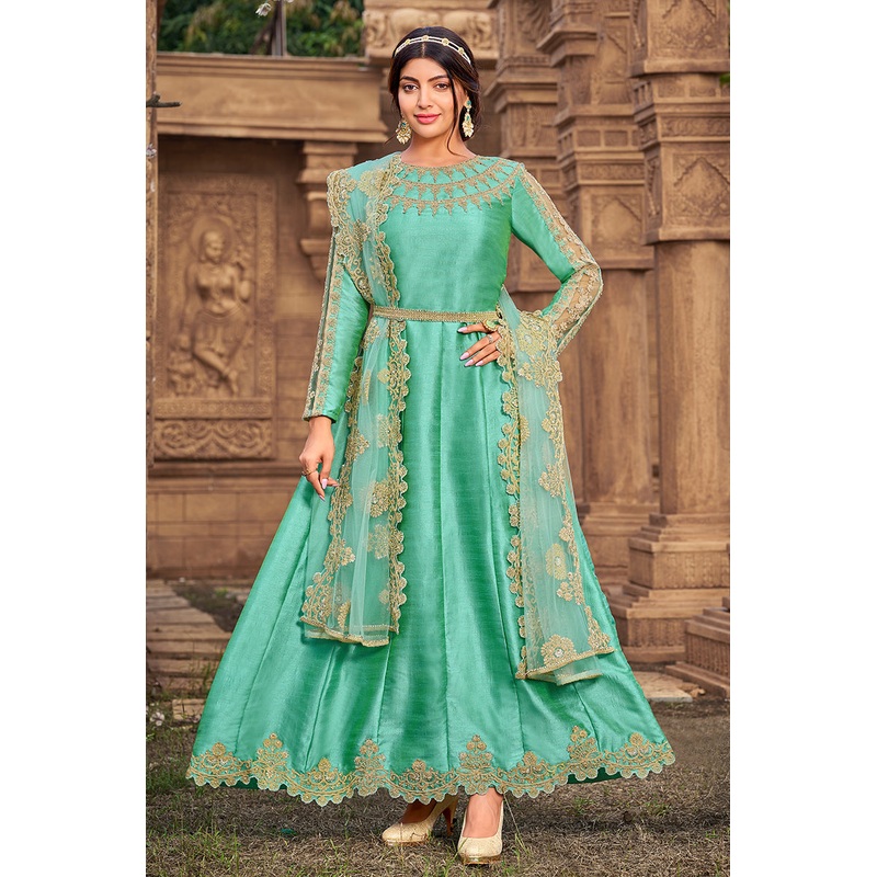 Seafoam Green Heavy Art Silk Beautiful Anarkali Suit