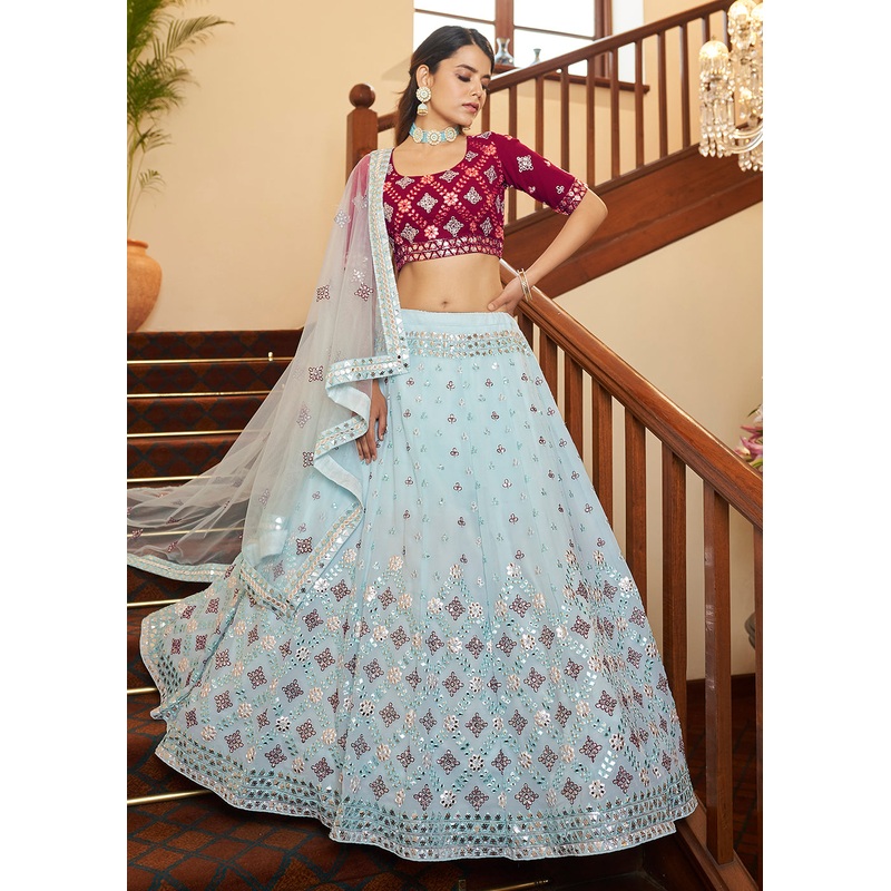 Sky Blue Sequins & Gota Patti Work Georgette Lehenga Choli