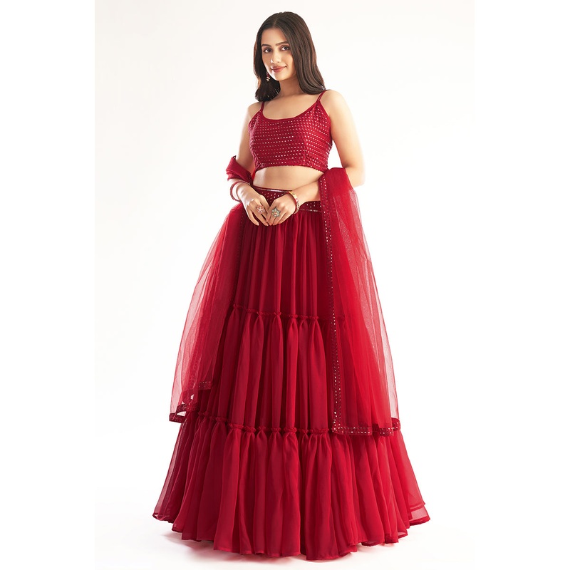 Stunning Red Ruffle Style Georgette Festive Lehenga Choli