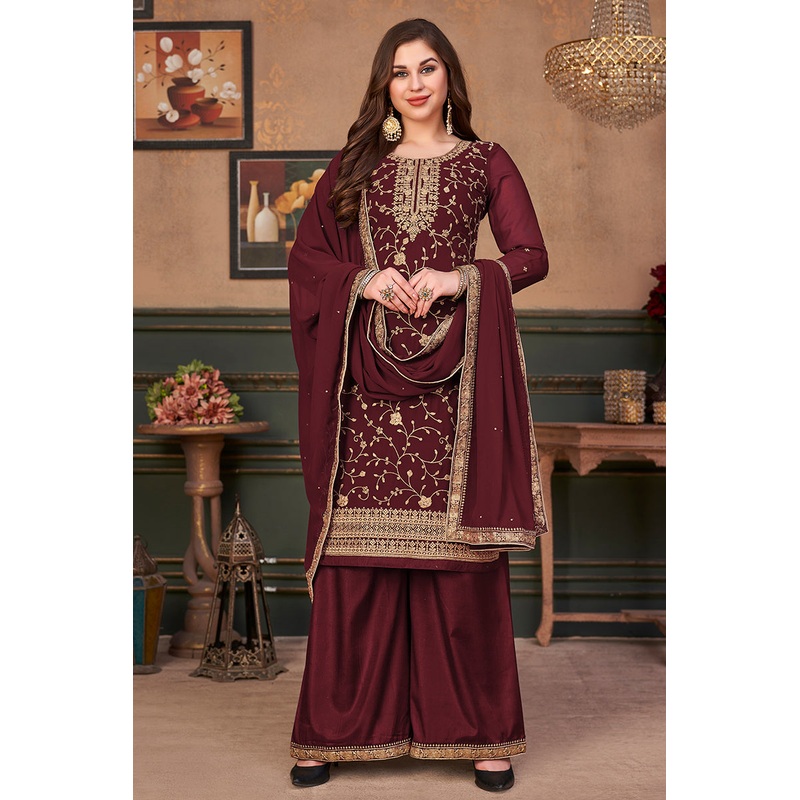 Stylish Maroon Straight Cut Festive Embroidered Palazzo Suit