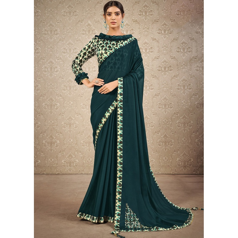 Teal Blue Digital Print Silk Georgette Designer Saree