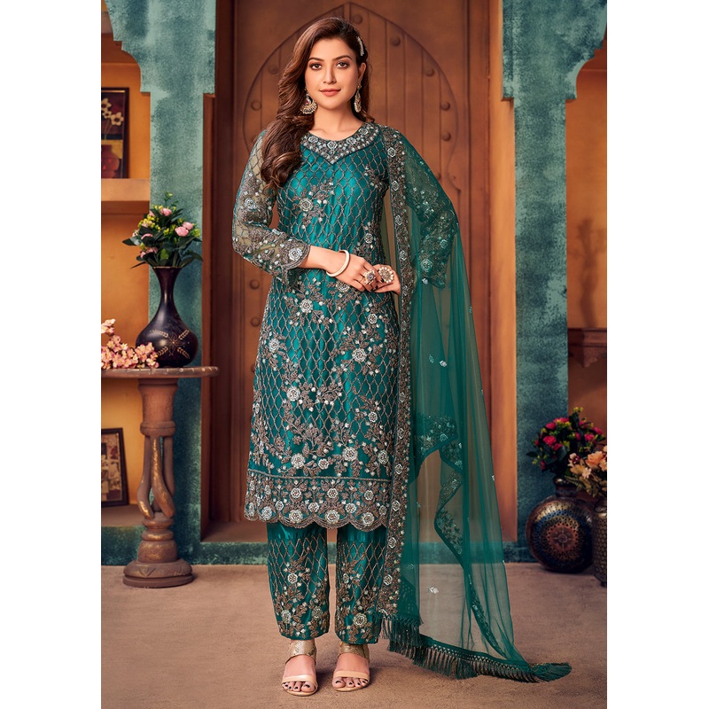 Teal Blue Layered Festive Pant Style Salwar Suit
