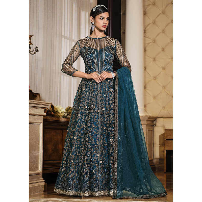 Teal Blue Lehenga/Pant Style Embroidered Designer Anarkali Suit