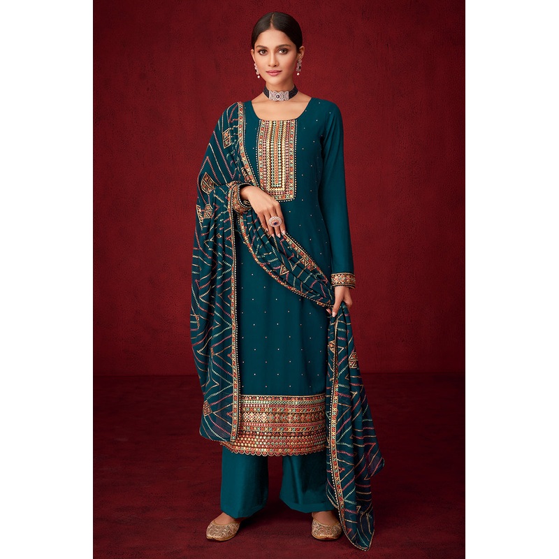 Teal Blue Sequins & Thread Embroidered Georgette Salwar Suit