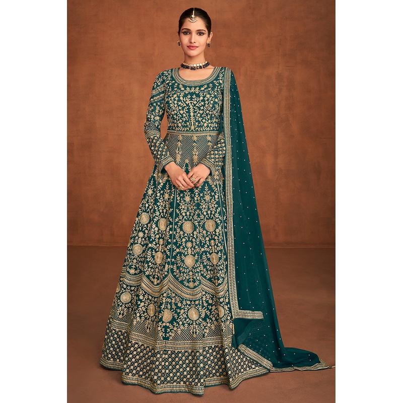 Teal Gown Style All Over Embroidered Anarkali Suit