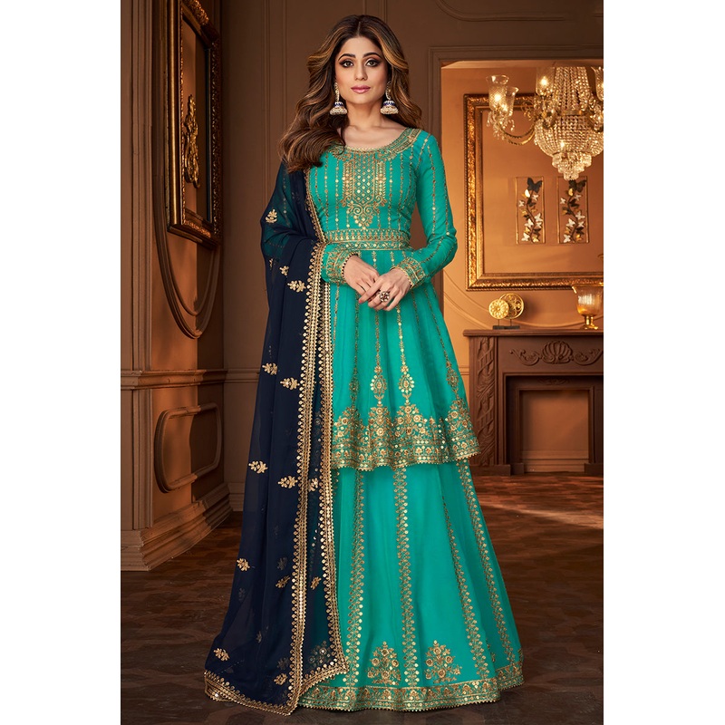 Turquoise Skirt Style Embroidered Georgette Lehenga Suit