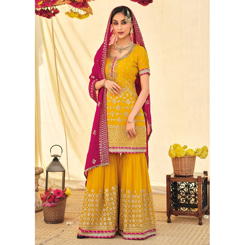 Vivid Yellow Zari & Mirror Embroidered Festive Sharara Suit