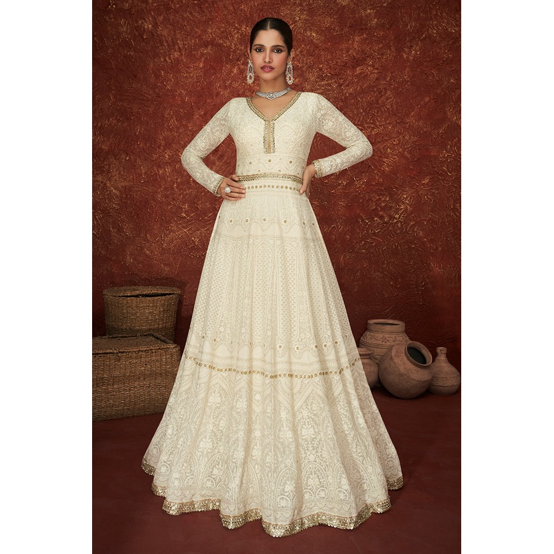 White Georgette Long Embroidered Anarkali Suit