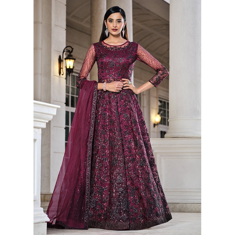 Wine Lehenga/Pant Style Embroidered Designer Anarkali Suit