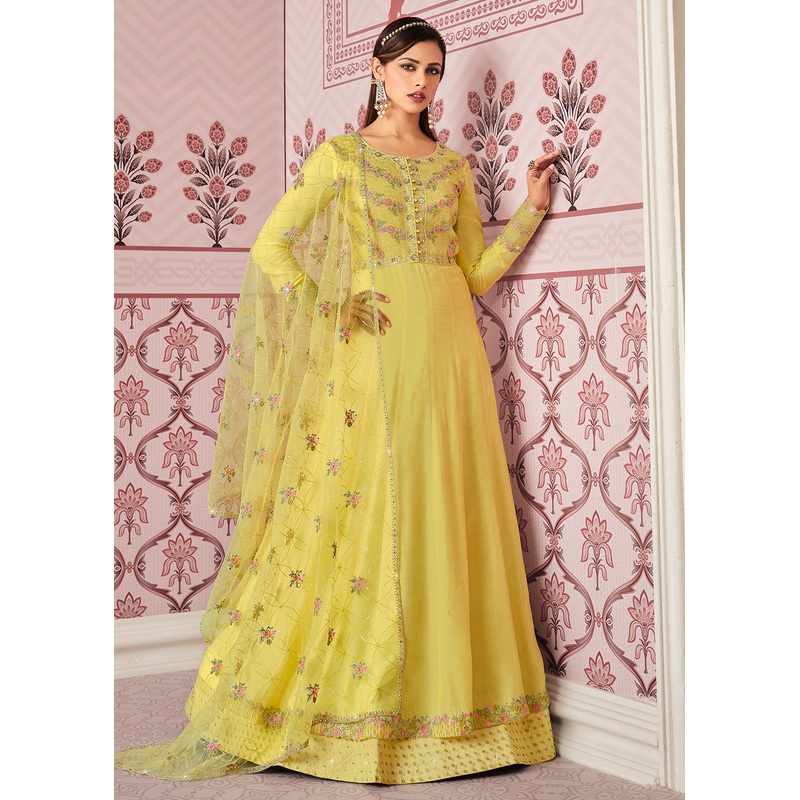 Yellow Art Silk Fabric Indian Embroidered Anarkali Suit