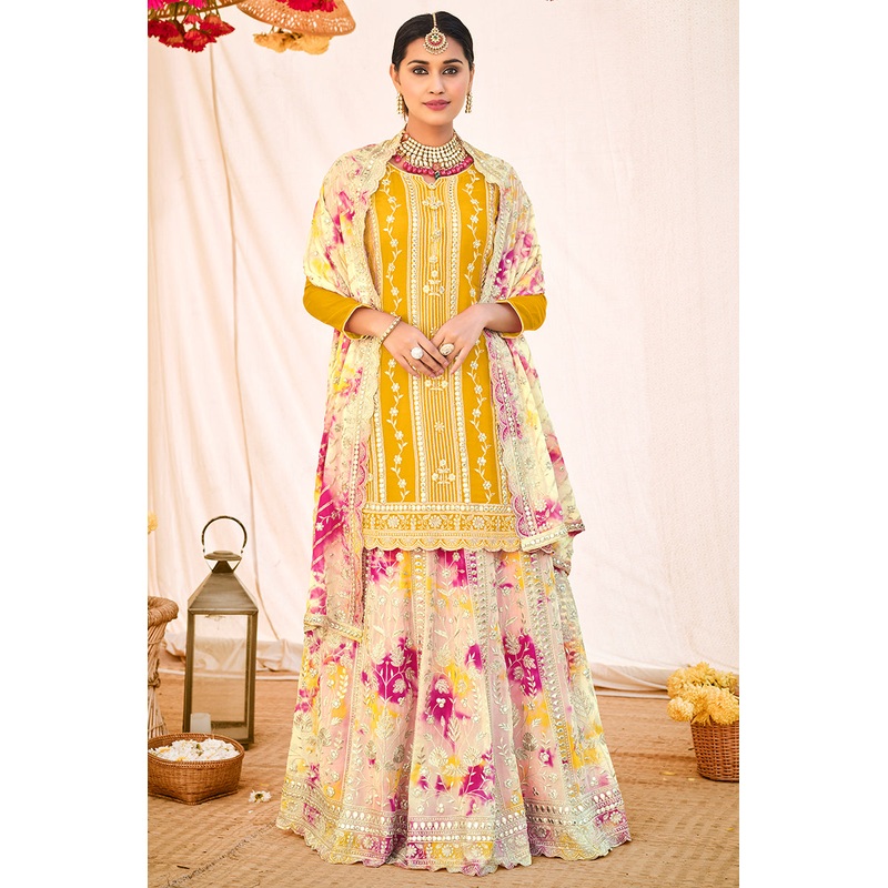 Yellow Digital Print Embroidered Kurti Style Lehenga