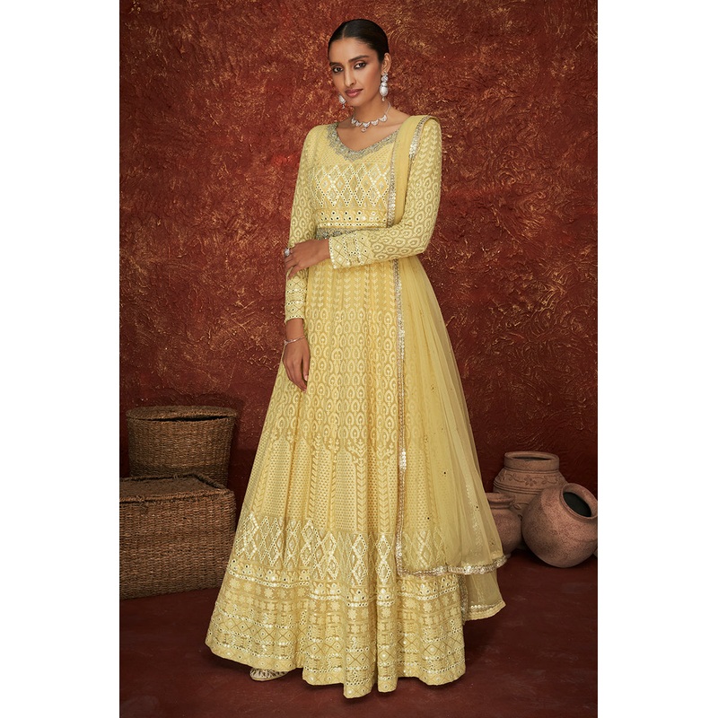 Yellow Georgette Long Embroidered Anarkali Suit