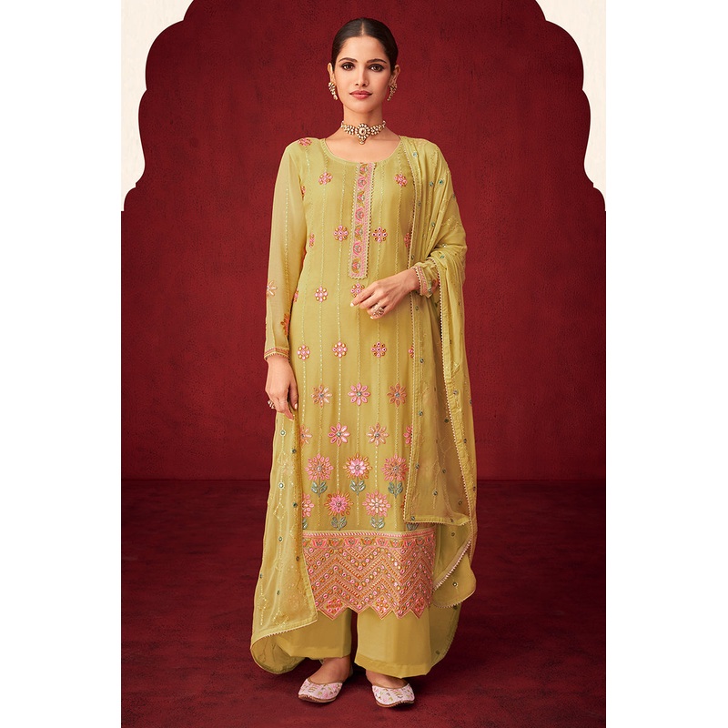 Yellow Sequins & Thread Embroidered Georgette Salwar Suit