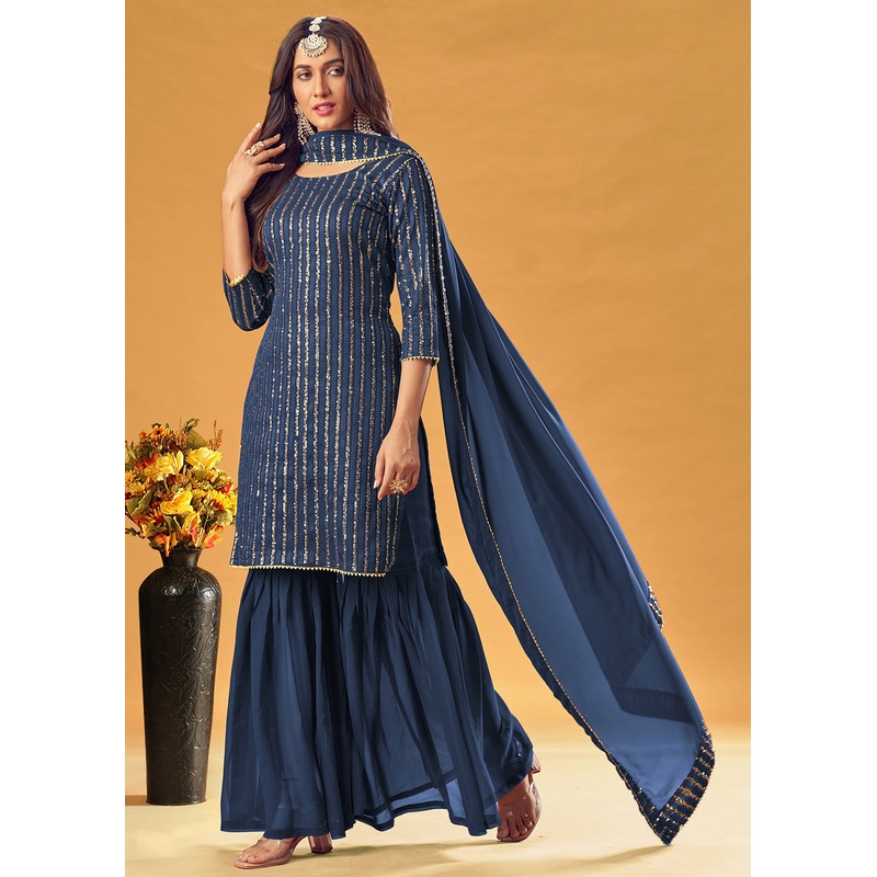Azure Blue Embroidered Indian Designer Gharara Suit