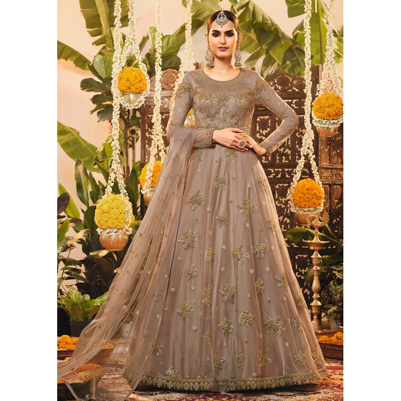 Beautiful Beige Mauve Embroidered Designer Floor Length Anarkali