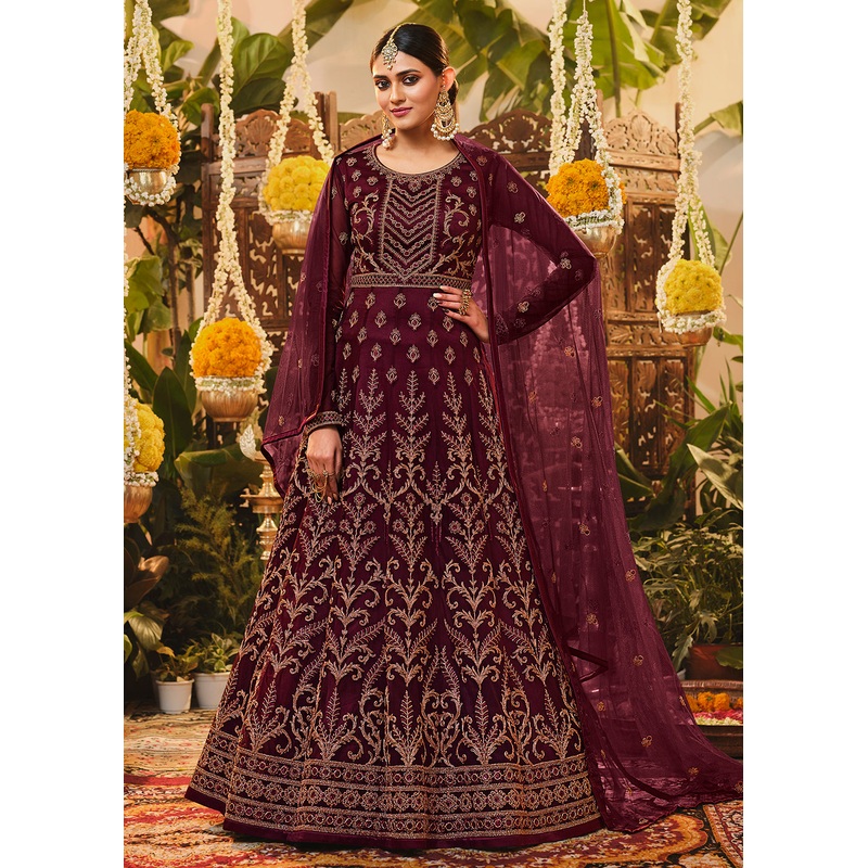 Beautiful Maroon Net Embroidered Designer Floor Length Anarkali