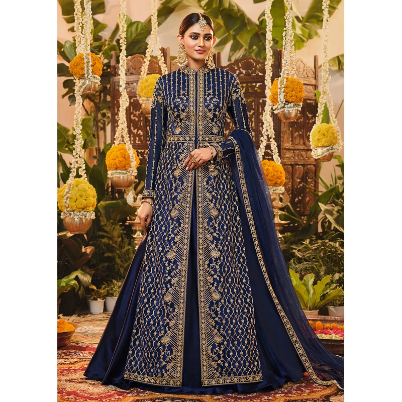Beautiful Navy Blue Embroidered Lehenga & Jacket Style Anarkali