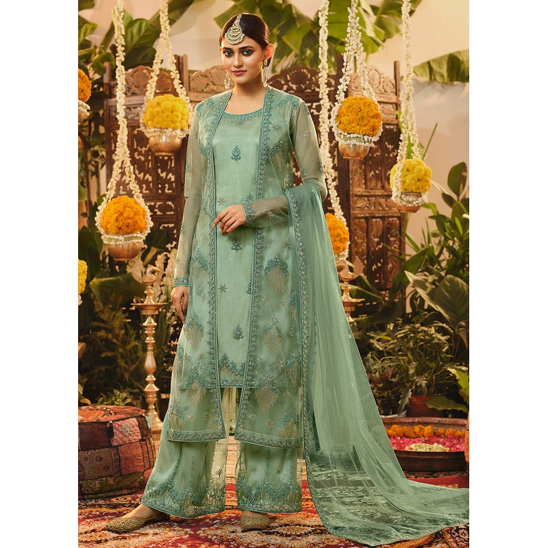 Beautiful Sea Green Embroidered Designer Jacket Style Suit