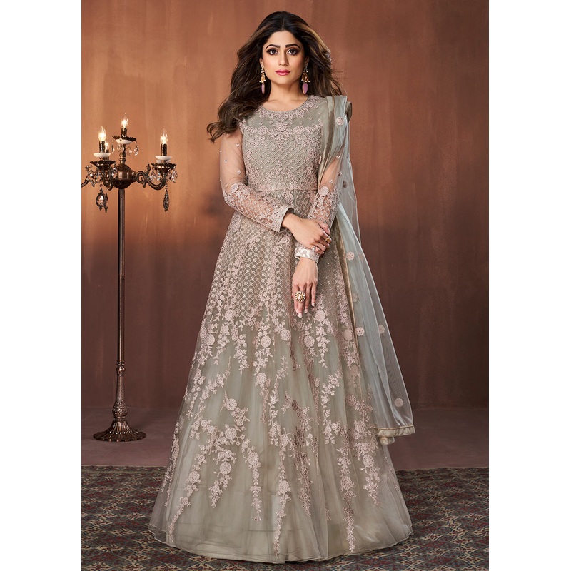 Beige All Over Embroidered Shamita Shetty Gown
