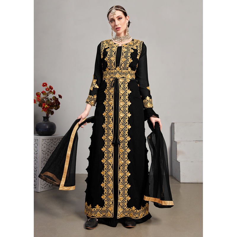 Black Pant Style Jacket Georgette Anarkali Suit