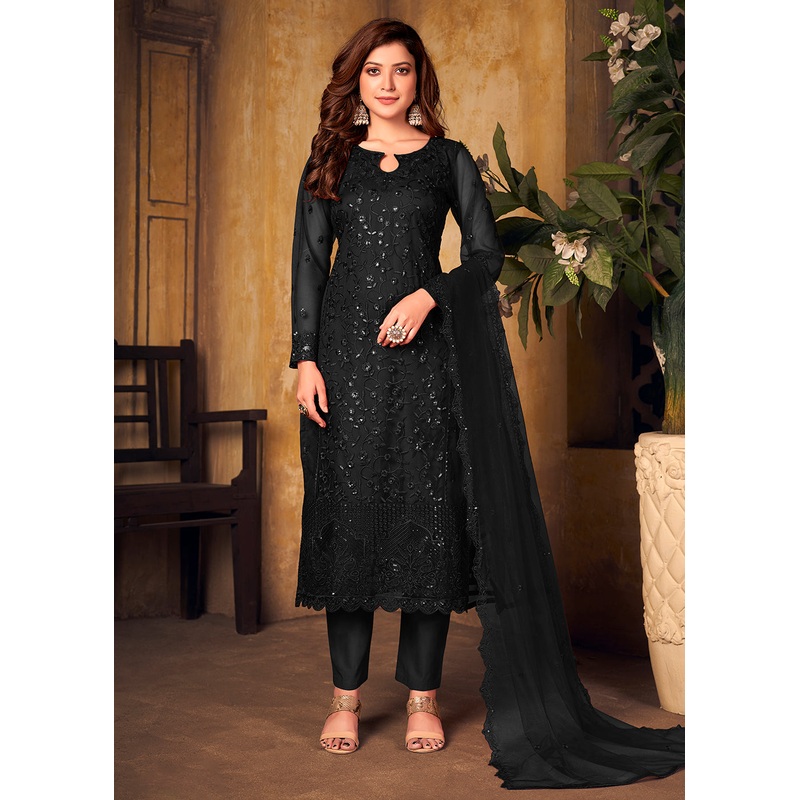 Black Tone to Tone Embroidered Net Salwar Kameez
