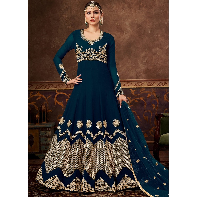 Blue Ghera Detailed Embroidered Designer Anarkali