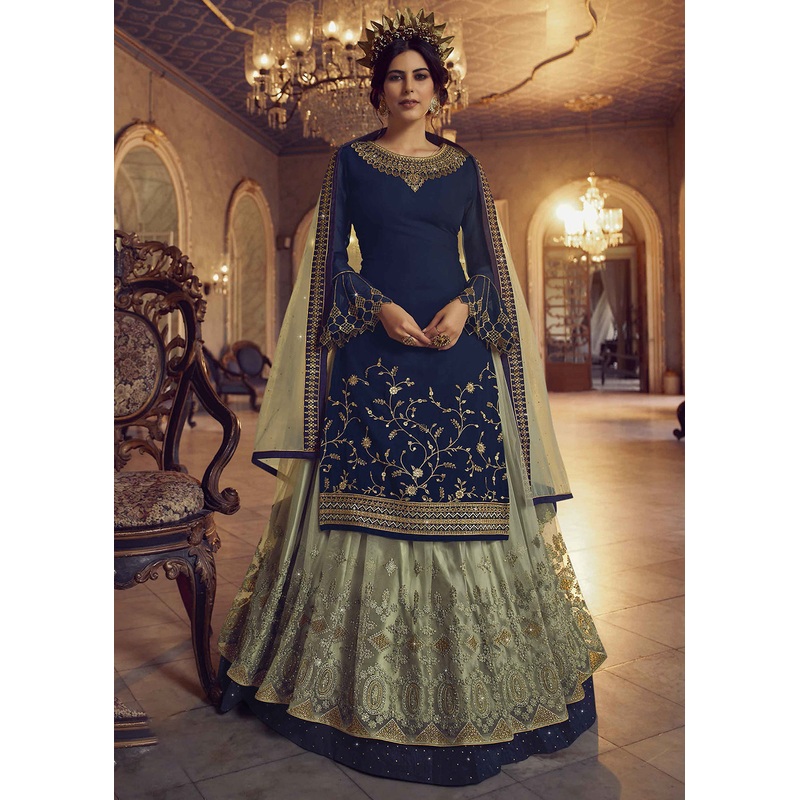 Blue & Green Lehenga/Pant Style Trendy Suit