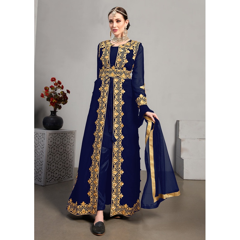 Blue Pant Style Jacket Georgette Anarkali Suit
