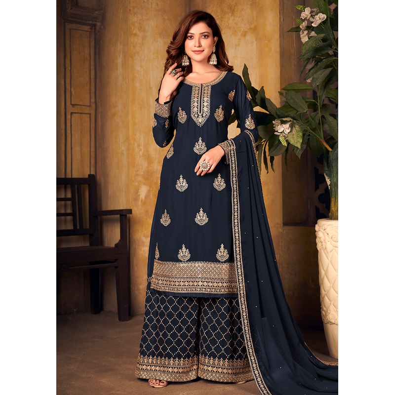 Blue Thread & Zari Embroidered Palazzo Suit with Dupatta