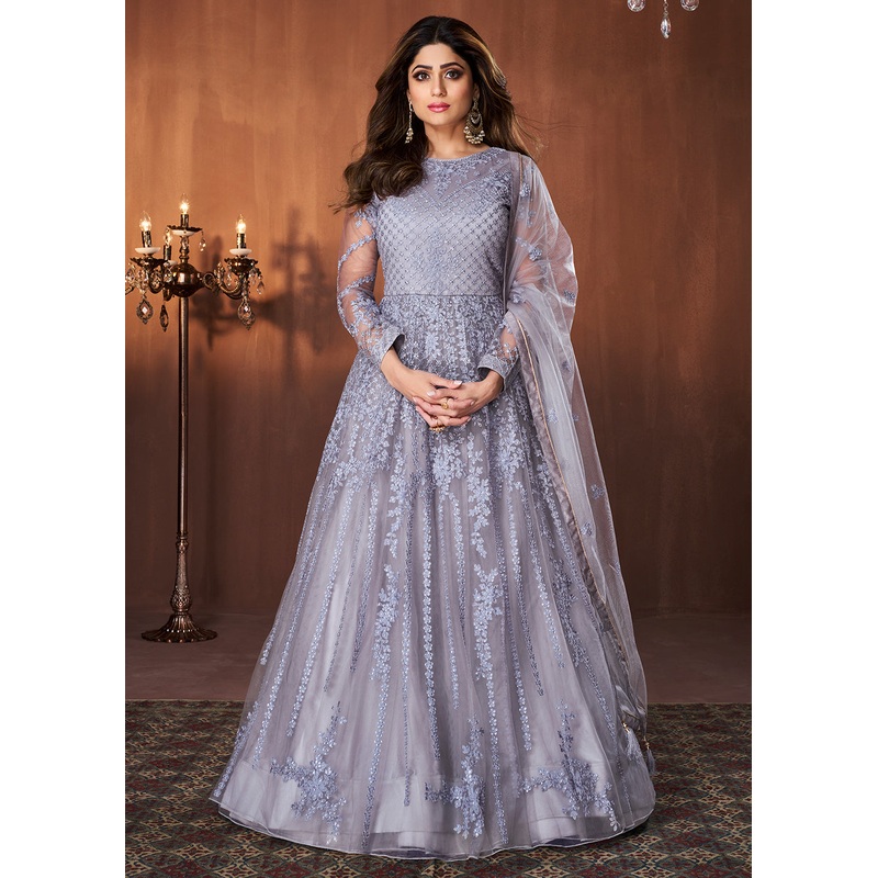 Bluish Grey All Over Embroidered Shamita Shetty Gown