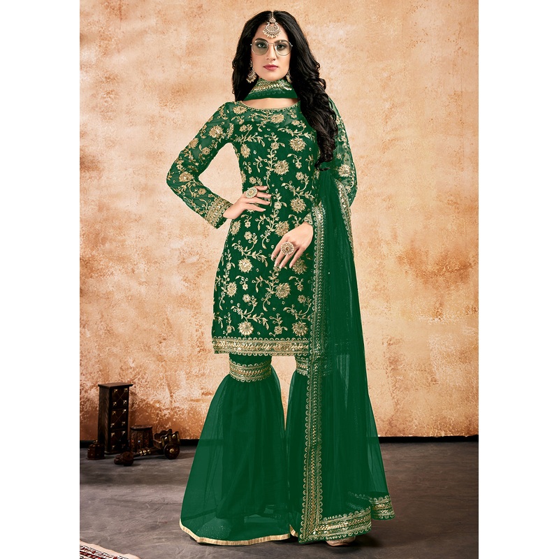 Bottle Green Net Sequins Pakistani Gharara Suit