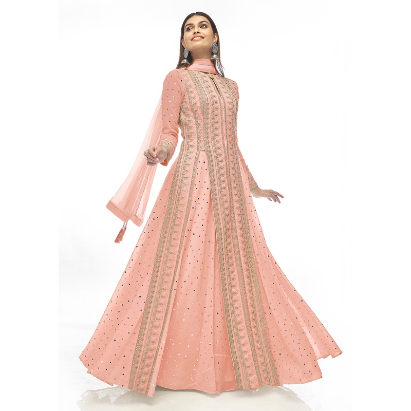 Chewing Gum Peach Paneled Georgette Skirt Anarkali Suit