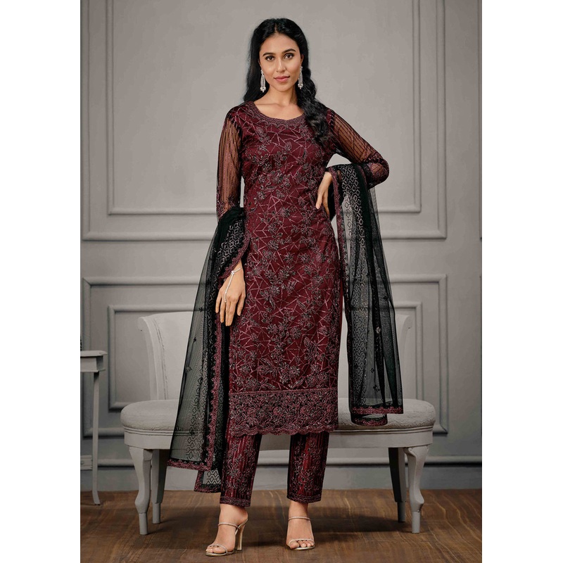 Classy Maroon Wedding Wear Net Embroidered Salwar Suit