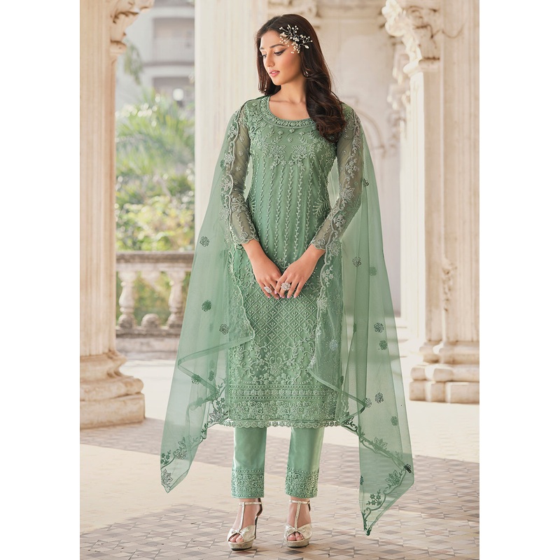 Cording Embroidered Mint Green Designer Salwar Kameez